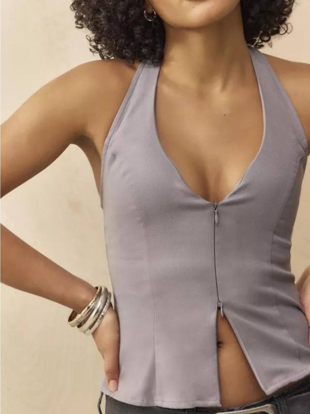 Urban Outfitters— Silence + Noise Aliyah Grey Zip Front Halter Top Size S